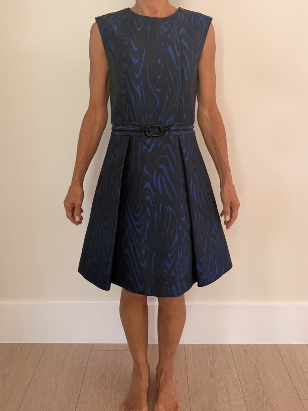 NWT Kenzo Structured Fit & Flare Belted Dress Blue Black FR 34